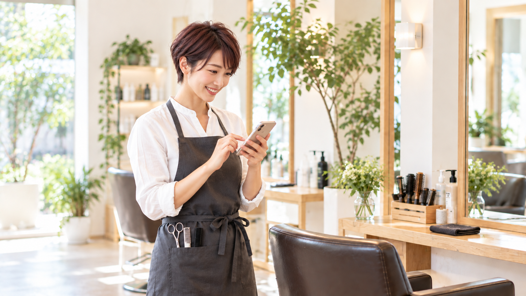 美容室でスマートフォンのLINE予約を確認する美容師