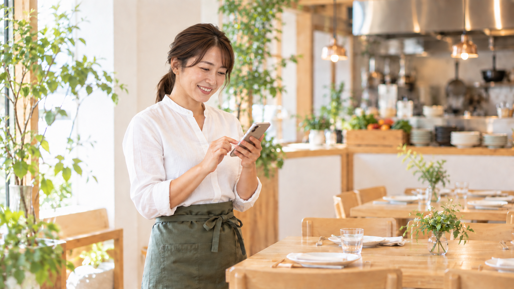 明るい店内でスマートフォンを操作する飲食店スタッフ